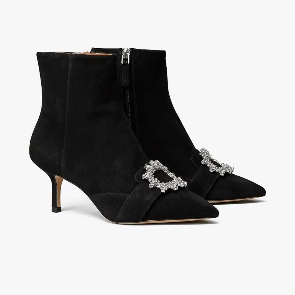 TORY BURCH Crystal-Buckle Black Velvet-like Leather Booties w/ Gunpower Metal 8M